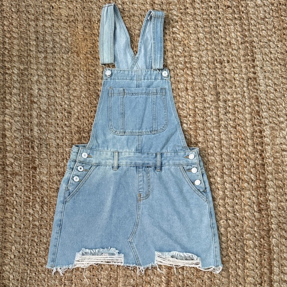 Denim Overall Dress with Distressed Hem size small